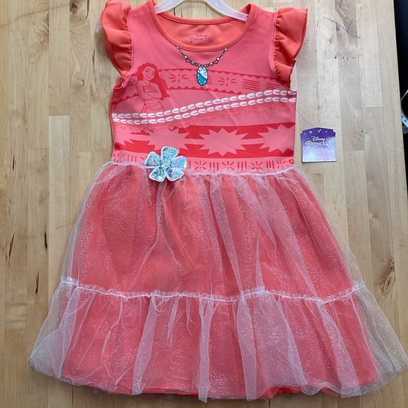 NWT DISNEY PRINCESS MOANA DRESS GIRLS SIZE M 7-8 CORAL SPARKLE TULLE PARTY PLAY - Picture 11 of 11